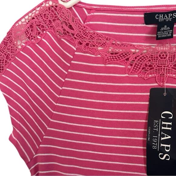 Chaps NWT Crocheted Lace Pink White Striped 100% Cotton Top 49.00 Size Small - Picture 2 of 4